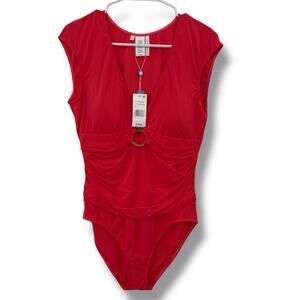 NEW Bleu Rod Beattie One Piece Swimsuit Size 12 Coral Modest Ring V-Neck NWT